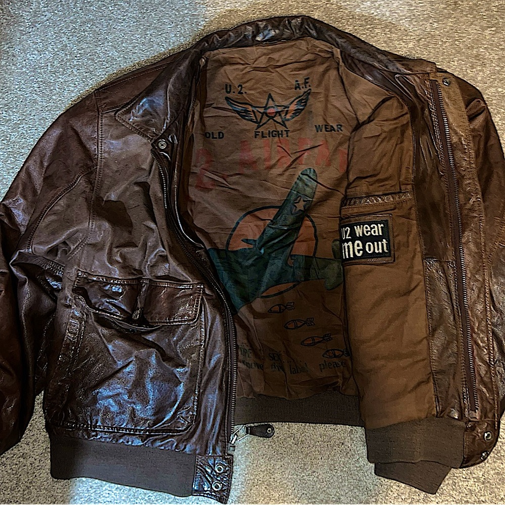 U2 Wear Me Out M/ 2x Leather Bomber Flight Jacket Distressed/BRN